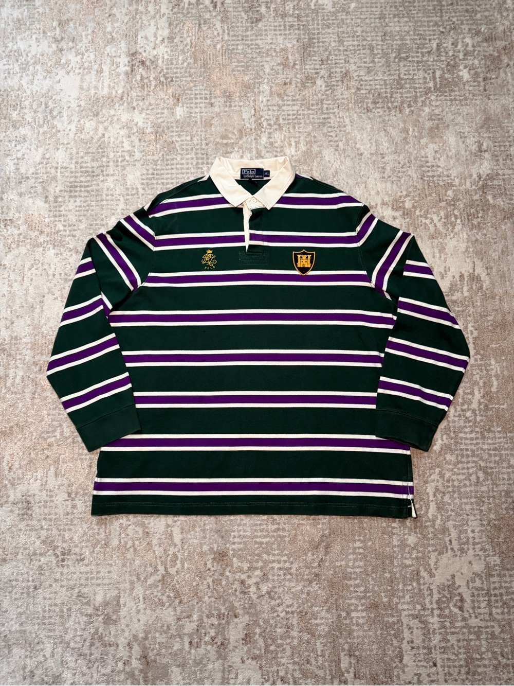 Polo Ralph Lauren Green/Purple Striped Crested Castle Embroidered Rugby Shirt